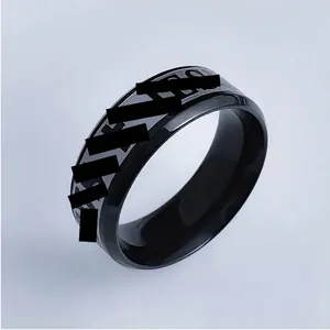 Men's stylish black stainless steel wide ring with silver textured lettering