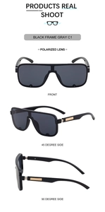 Detailed views of square polarized sunglasses with black frames and gold temple accents