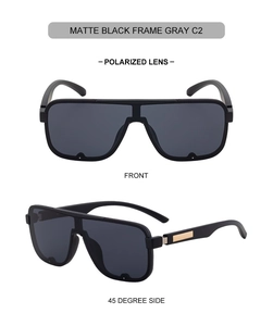 Detail view of matte black polarized sunglasses with gray lenses from front and side angles