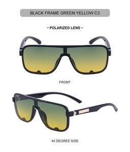 Close-up of square black sunglasses featuring polarized green-yellow gradient lenses