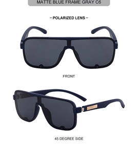 Front and 45-degree side view of matte blue square polarized sunglasses with gray lens