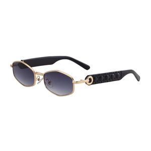 Polygon gold metal sunglasses with purple gradient lenses and quilted texture temples