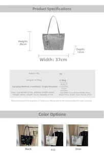 Detailed size chart and material specs for a large PU leather tote bag with bow detail