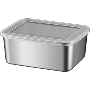 Rectangular stainless steel food storage container with a clear airtight lid on white background