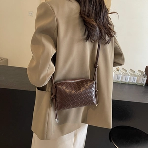 Brown woven leather crossbody square bag with stylish intrecciato pattern and shoulder strap