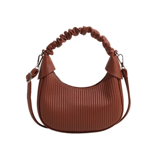 Pleated Crescent Hobo Bag PU Leather Ruched Handle Crossbody Shoulder Bag Women Versatile Niche Vertical Stripes Zipper