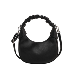Minimalist black pleated crescent bag with cloud handle and silver hardware strap
