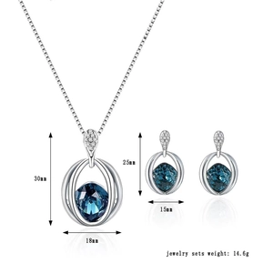 Detail view of teardrop blue crystal jewelry set with pendant and earring dimensions