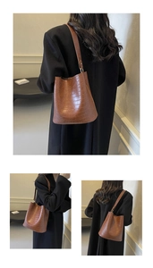 Three-panel view of a dark brown crocodile pattern bucket bag with a wide shoulder strap