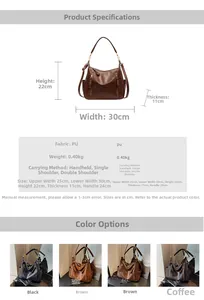 Detailed dimension guide for PU leather tote bag with measurements and color options