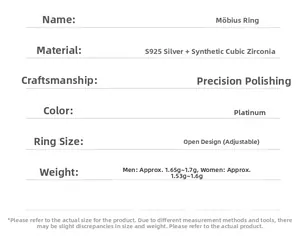 Specifiche dettagliate dell'anello Mobius in argento con materiale S925 e informazioni