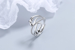 Detailed macro shot of S925 silver stress relief ring with rotatable metal beads