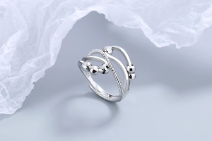 Detail view of S925 sterling silver multi-layer ring with rotatable geometric beads