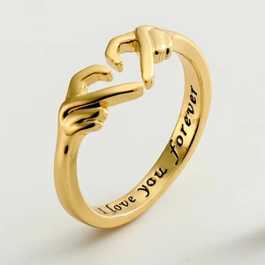 Gold-finished open ring featuring a double hand heart shape and I love you forever engraving