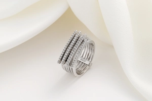 Close-up of multi-layer silver ring showing S925 hallmark and sparkling cubic zirconia