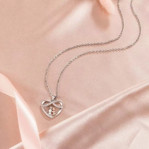 Collier cœur avec pendentif mère-enfant et gravure I love you forever sur satin rose
