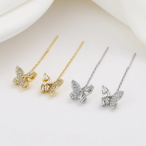 Elegant butterfly tassel threader earrings with zircon inlay in gold and silver finishes