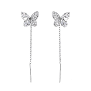 Silver butterfly tassel threader earrings with zircon stones on white background