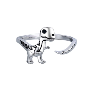 Adjustable S925 sterling silver dinosaur ring with black enamel details and open band