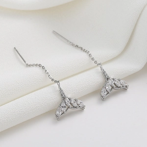 Elegant silver mermaid tail threader earrings with marquise-cut zircon stones