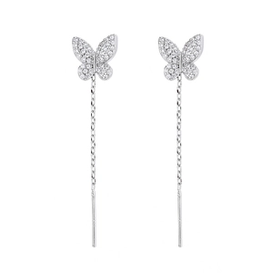Silver butterfly threader earrings with shimmering crystals and long delicate chain tassels