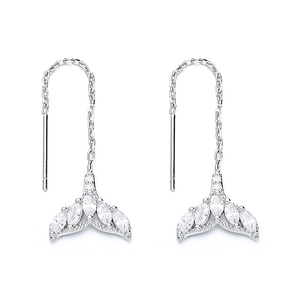 Elegant silver mermaid tail threader earrings with marquise-cut cubic zirconia accents