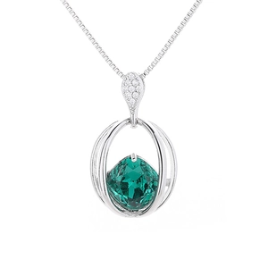 Elegant silver necklace with square emerald green crystal pendant and diamond accents