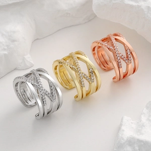 Elegant Copper Cross Open Ring Multi Layer X Shape Geometric Adjustable Pave Cubic Zirconia Jewelry For Women Fashion