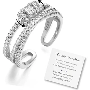 Adjustable S925 sterling silver fidget ring with rotating beads and message gift card
