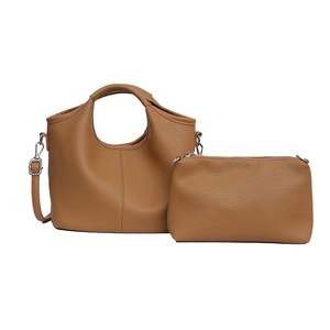 Brown lychee grain leather tote bag set with adjustable strap and small zipper pouch