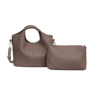 Minimalist wide shoulder taupe bucket bag with inner pouch and lychee pattern leather
