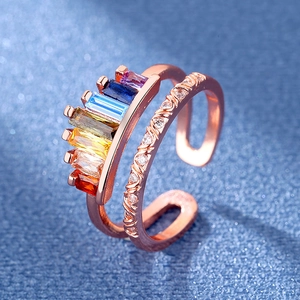 Rainbow crown ring in rose gold with multi-color zircons and adjustable band