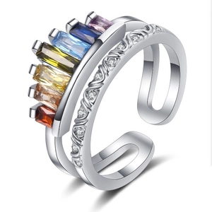 Rainbow gemstone crown open ring with double layer zircon inlay and silver finish