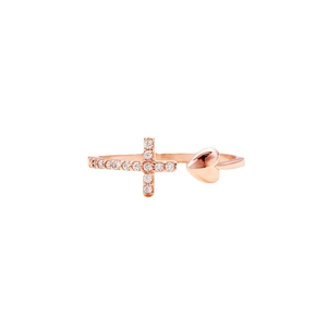 Bague ouverte en or rose avec une croix sertie de zircons et un motif de cœur