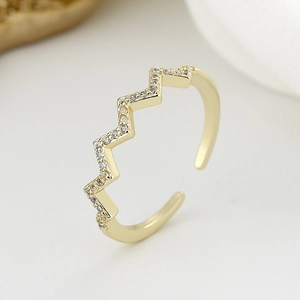 Elegant gold wavy V-shape open ring with shimmering white zircons for women