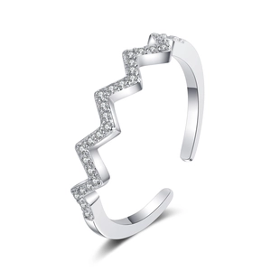Minimalist silver wave ring with sparkling zircons and adjustable open band design