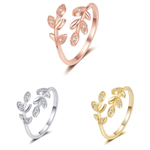Copper Leaf Adjustable Ring For Women With Sparkling Cubic Zirconia Nature Inspired Cross Over Fashion Jewelry