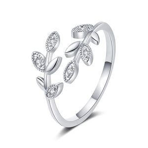 Polished silver leaf crossover ring with sparkling zircon stones in an open adjustable design