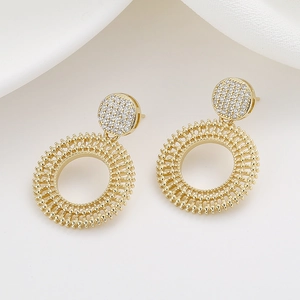 Elegant gold zircon stud earrings with radiant circular woven pendants on white background