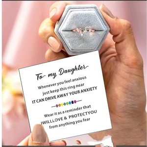 Rose gold heart EKG ring with small diamonds in a velvet box with a message card