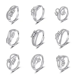 Fashion Spinner Ring For Women Anxiety Relief Copper Silver Plated Cubic Zirconia Rotating Beads Adjustable Opening