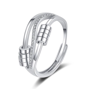 Adjustable multi-layer silver ring with sparkling stones and two sliding beads