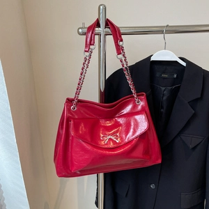 Shiny PU Leather Tote Bag Women Large Capacity Silver Bow Decoration Metal Chain Strap Urban Fashion Handbag