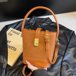 Women Vintage Bucket Bag PU Leather Suede Patchwork Golden Twist Lock Retro Shoulder Crossbody Handbag With Top Handle