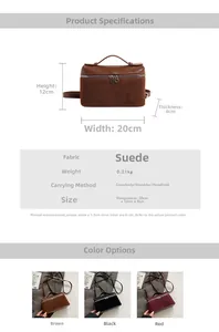 Detail specifications of 20x12x8cm suede camera bag with color options and dimensions