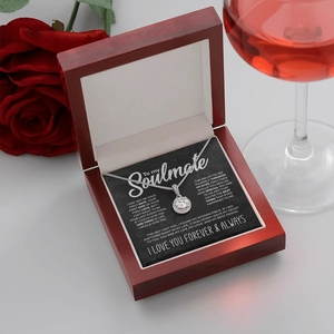 Sparkling solitaire pendant necklace in red wooden gift box with Soulmate card message