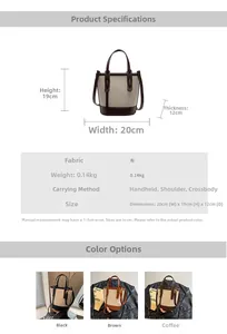 Detailed size chart for the color-block canvas bucket bag with precise dimensions