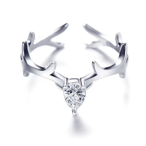 Exquisite silver antler ring with a pear-cut cubic zirconia and adjustable open band