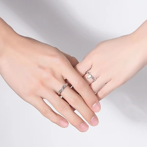 Matching antler couple rings with heart-shaped zircon and vintage engraved patterns