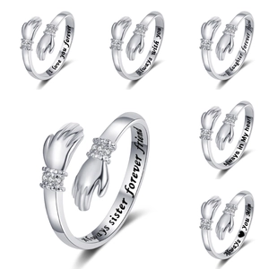 Adjustable hugging hands open ring with diamonds and emotional engraved messages